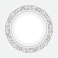 Circle shape wreath with apples, plums, and flowers. Engraved style emblem.