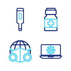 Set line Virus statistics on laptop, Earth with medical mask, Medicine bottle and pills and Medical thermometer icon. Vector