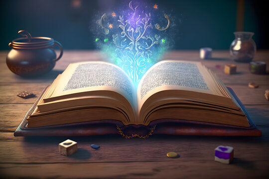 Open magic spell book with a magical plume glowing around on wooden table. Esoteric crystal ritual for home protection, witchcraft. Generative AI technology.