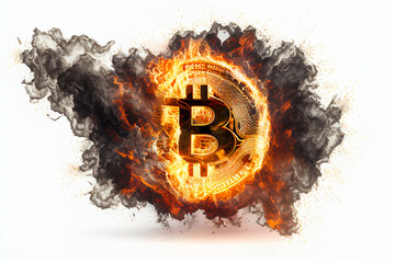 Coin bitcoin in fire cryptocurrency btc white background
