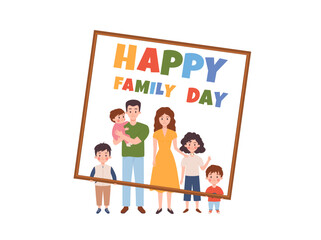 Happy family day greeting card design with large family generations, flat vector.