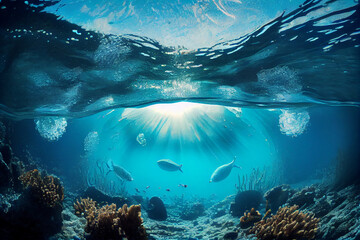Fototapeta na wymiar underwater shining sun ocean