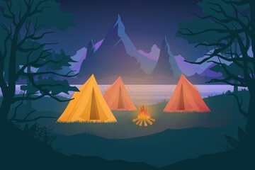 Night camping vector illustration with Camping tents Outdoor nature adventure