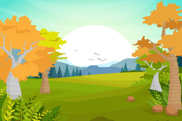 Vector illustration nature scene cartoon of forest and hill