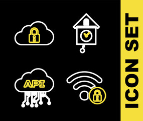 Set line Retro wall watch, Wifi locked, Cloud api interface and computing icon. Vector