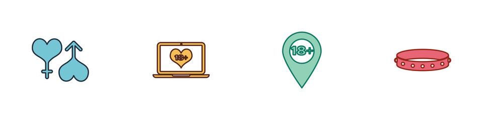 Set Male and female heart, Laptop with 18 plus content, Location and Leather fetish collar icon. Vector