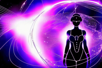 Silhouette Of A Cyborg Robot Woman Surrounded By Purple Neon Lines and Circles Generative AI illustration
