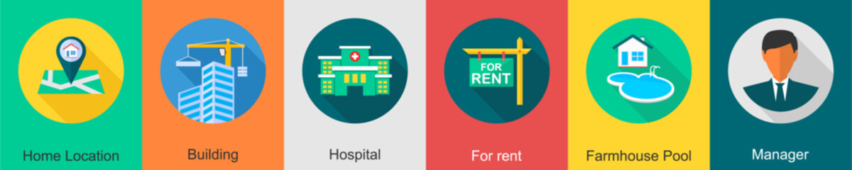 A set of 6 Real Estate icons as home location, building, hospital