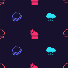 Set Cloud with snow, rain and lightning, Fog cloud sun and Windy weather on seamless pattern. Vector