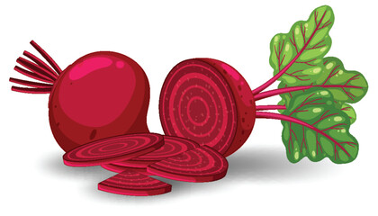 Whole beetroot and sliced on white background