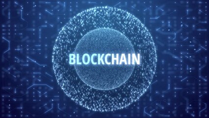 Blockchain Concept over Matrix sphere on circuitry background. random numbers in form of sphere over circuit blue background - Powered by Adobe