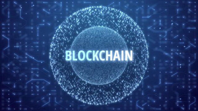Blockchain Concept over Matrix sphere on circuitry background. random numbers in form of sphere over circuit blue background