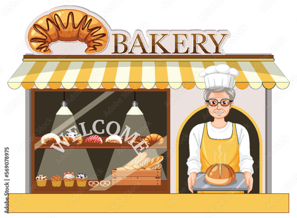 Poster bakery shop facade with baker man