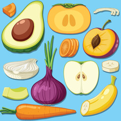 Set of sliced vegetable and fruit