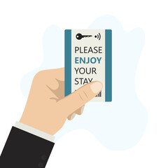 Staff hand holds key card for wireless unlock door. Hotel client with identification keycard. Modern wireless technology.