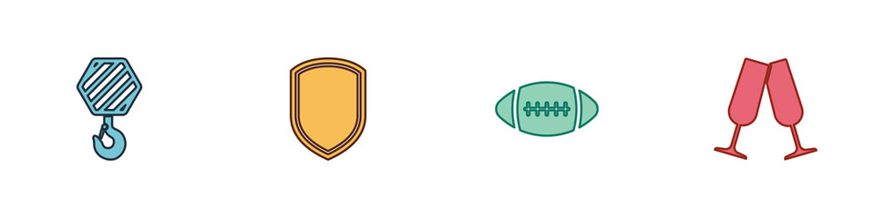 Set Industrial hook, Shield, American Football ball and Glasses of champagne icon. Vector