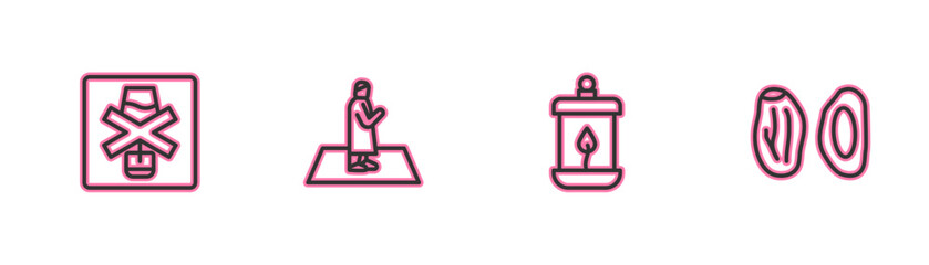 Set line No alcohol, Ramadan Kareem lantern, Muslim man prays and Date fruit icon. Vector