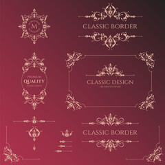 Set of decorative title borders, frames, corners and monograms.  Graphic design page. Ornamental pattern.