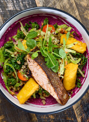 A seafood dinner serving of a piece of Salmon on top of a green salad polenta chips and beetroot sauce