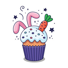 Easter cake with rabbits ears and carrot in cartoon style. Hand drawn Easter bakery with bunny ears. Easter hare cake. Flat design. Doodle style. Illustration isolated on white background.