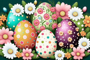 easter eggs and flowers, background.