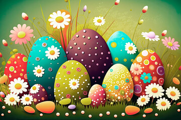 easter eggs on green grass with flowers. bright colors