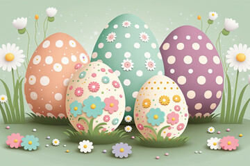 easter eggs on grass, with dots, pastel color.