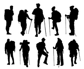 Hiker Silhouettes. hiking man with rucksacks silhouette. People with backpack vector silhouettes. Backpacker. mountaineer climber hiker people.