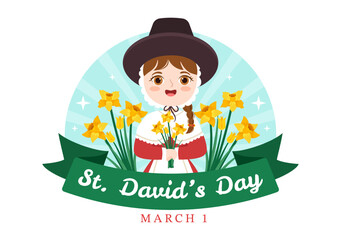Fototapeta premium Happy St David's Day on March 1 Illustration with Kids Welsh Dress, Dragons and Yellow Daffodils in Flat Cartoon Hand Drawn for Landing Page Templates
