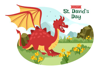 Happy St David's Day on March 1 Illustration with Welsh Dragons and Yellow Daffodils for Landing Page in Flat Cartoon Hand Drawn Templates