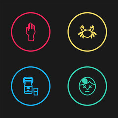 Set line Can container for milk, Man having headache, Crab and Hand with psoriasis eczema icon. Vector