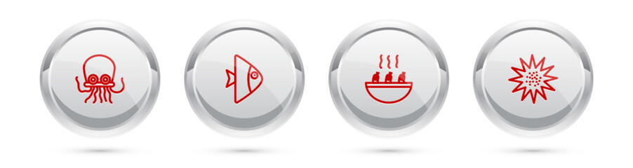 Set line Octopus, Fish, Soup with shrimps and Sea urchin. Silver circle button. Vector