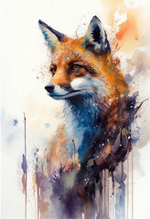 A Vibrant Watercolor Fox Illustration, watercolor illustration is a whimsical depiction of a fox, Fierce and Colorful A Watercolor Fox Portrait, Generative AI: