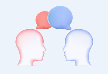 3D banner human communication vector concept. Symbol of talking, argument, misunderstanding. Minimal design human heads 3D speaking buuble render illustration.