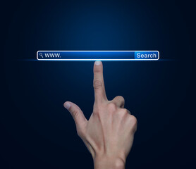 Hand pressing search www button over blue background, Searching system and internet concept