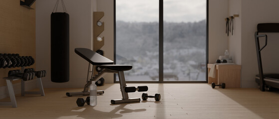 Fototapeta na wymiar Cozy and minimalist gym or fitness center interior design with professional sport equipments.