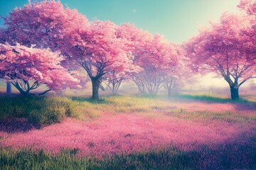 Obraz na płótnie Canvas Pink cherry tree blossom flowers blooming in a green grass meadow on a spring Easter sunrise background. Generative AI