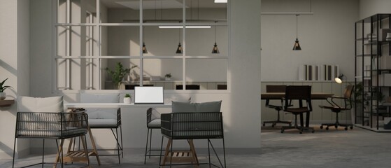 Modern and contemporary office interior design with co-working space and meeting room.