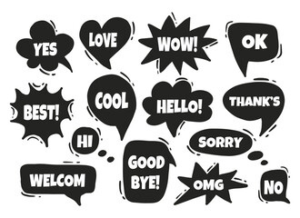 Black set of speech bubbles. Various forms of windows, clouds for chat, messages with phrases. Vector elements for text on a white background