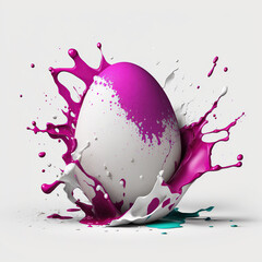 Obraz na płótnie Canvas White egg with splash magenta paint, Holiday draw egg, happy Easter. Generated AI.
