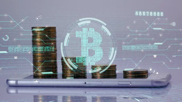 coins stack increase on smart phone with business data hologram. business growth concept.	