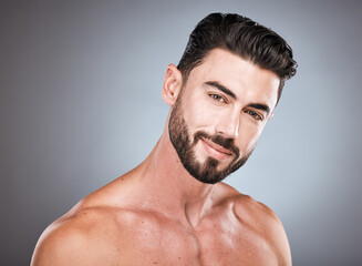 Skincare, smile and health, portrait of man with happy face, hair and beard growth and maintenance....