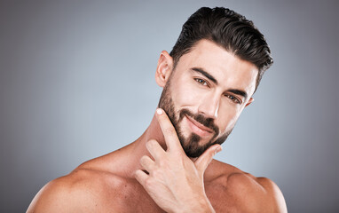 Skincare, face and confidence, portrait of man with smile, hands on facial hair or beard...