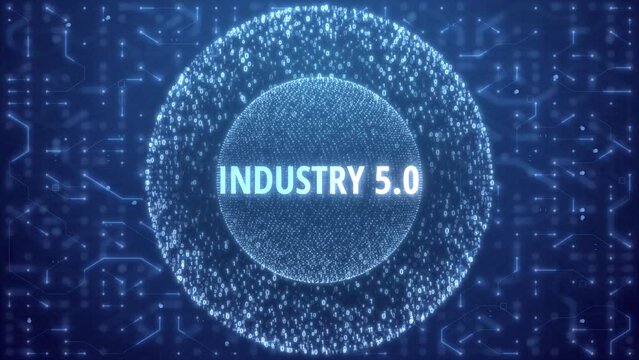 Industry 5.0 Concept over Matrix sphere on circuitry background. random numbers in form of sphere over circuit blue background