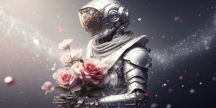 Putziger Astronaut im gl&auml;nzenden Anzug mit Helm bringt Rosen zum Valentinstag und Muttertag. ai generativ