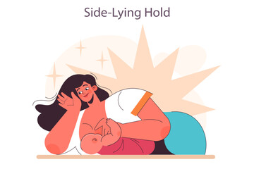Side-lying hold breastfeeding position. Mother holding her baby