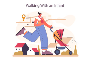 New mom walking with her child in backpack baby carrier. Young woman