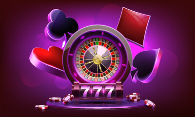 Casino illustration. Gambling vector design with neon lights.  Slot machine, casino Roulette, poker chips and playing cards.  Game design, flyer, poster, banner, advertisement.