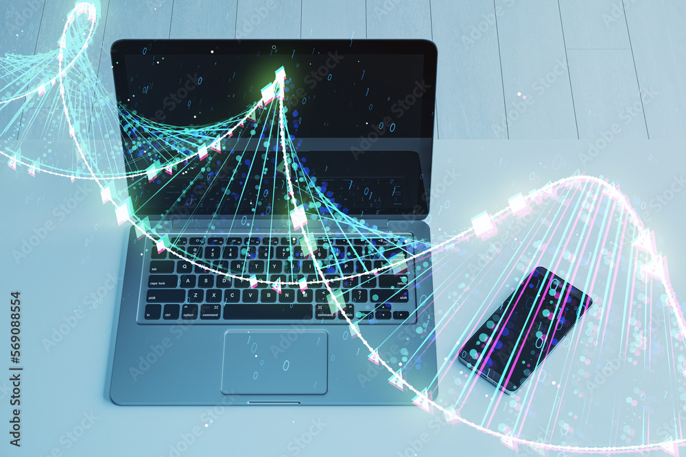 Poster close up of workplace with glowing dna hologram, laptop and other items on blurry background. bioeng
