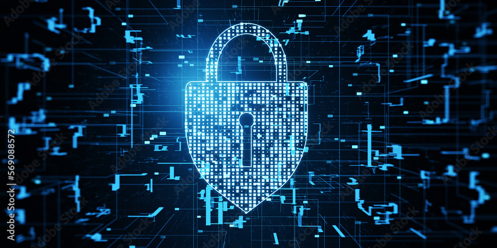 Poster Cyber security, data protection and privacy concept with front view on digital glowing pad lock with keyhole on abstract dark technological background. 3D rendering